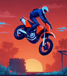 a man jumping up in the air while riding on a motor cycle,a man is doing stunts on his motor bike in front of a sunset