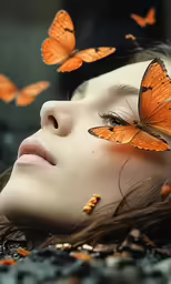 a young woman with long hair with many butterflies flying around her