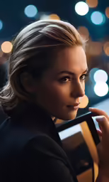 a woman wearing a black suit and looking away from the camera