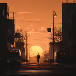 a person walking down a street in the evening