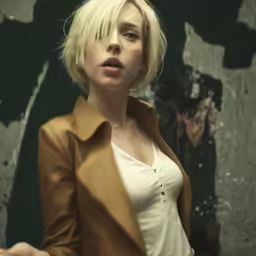 a woman standing in front of a wall