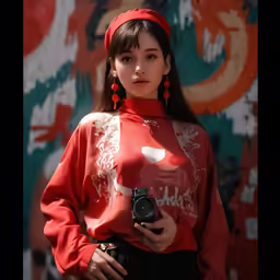 a woman standing with a camera on her neck