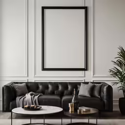 a room with a couch, tables, and a large poster on the wall