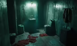 the dark bathroom is very dark and clean