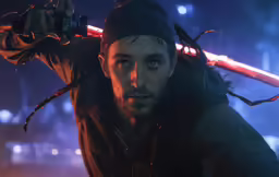 a man with dread locks on holding up two swords