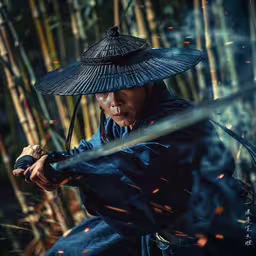 a woman in a traditional hat holding a sword,a man in a blue shirt holding a metal sword