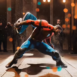 a person in an orange, blue and black outfit is on a stage