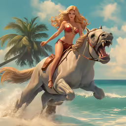 the beautiful woman rides a horse on the beach
