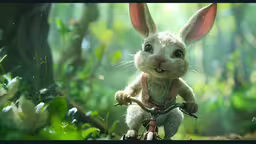 the rabbit rides his bicycle in the forest,the rabbit is sitting on top of the bicycle