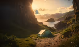 a tent sits on the edge of a cliff overlooking water,a green tent set up by the coast near a mountain