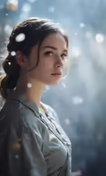 a woman looks intently into the distance with bubbles floating in her hair