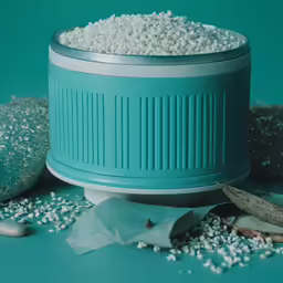 a blue container of white sugar near a sea salt