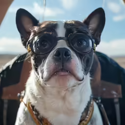 the dog is wearing a harness and glasses