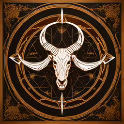 the horned bull has three horns in a circle,an artistic drawing of a horned cow