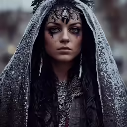 a woman with artistic makeup and head dress on