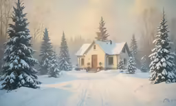 a small cottage sits in the middle of a snow covered road