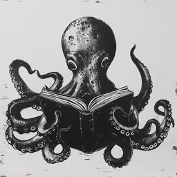 an octopus reading a book, with an open mouth,an octopus with a book in its hands