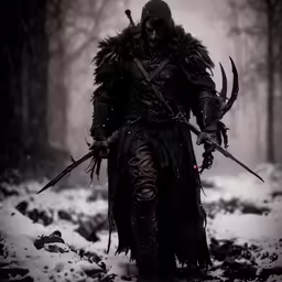 a man in black is walking through the snow with two large horns