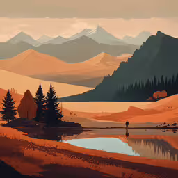 an abstract image of a man in the mountains by a lake,a person walking away from a body of water