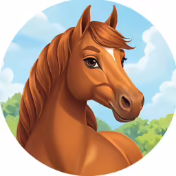 a brown horse with long mane standing in front of trees