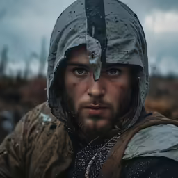 man in medieval outfit with sword over head on stormy day