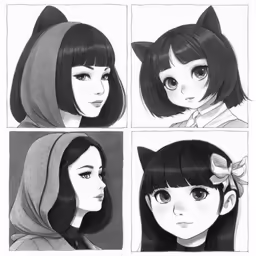 the four faces of a girl with black hair and a cat hood