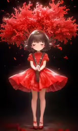 a cartoon girl in a dress with red flowers in her hair