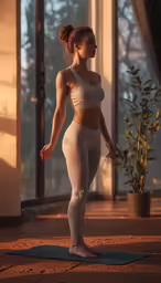 a woman in a tight white suit standing on top of a yoga mat