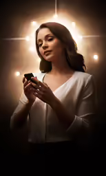 a woman looking at her cell phone in a dark room with bulbs