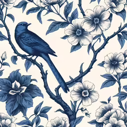 a blue bird sits on a tree branch with white flowers