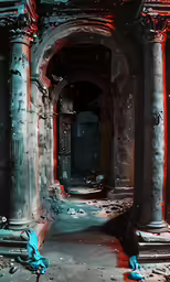 a blue bird laying in the middle of a hall