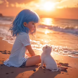 little girl in a white top and blue hair with her dog on the beach