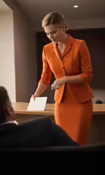 a woman standing at a desk holding a sheet