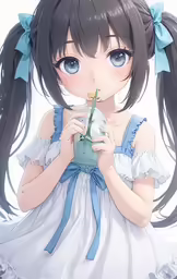 a young anime girl with black hair is holding a bottle