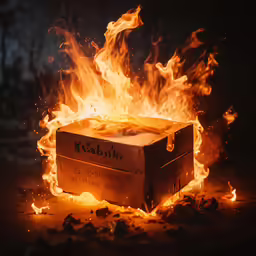 an opened box on fire in the dark
