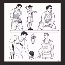 four different basketball players in uniforms,a man in shorts playing basketball while another watches him,three pictures showing various people with different sports equipment,the illustrated drawing shows three men standing in different positions,four different illustrations of men playing basketball together