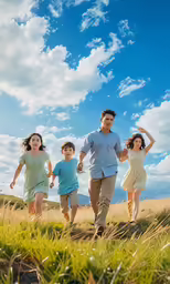 the family is running in the field together