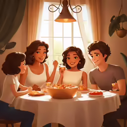 an illustration of three women sitting at a table having a meal with three other women
