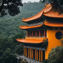 the temple is surrounded by tall trees and hills