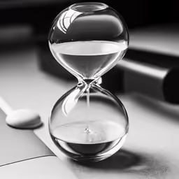 an hourglass with sand sitting in it next to a spoon