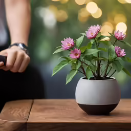 a flower pot on the table with a tree in the background