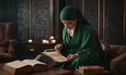woman in green robe reading religious book at table