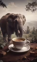 a cup of coffee with an elephant sticking its trunk in it