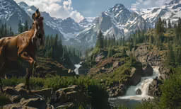 an artfully painted horse in the mountains near a waterfall
