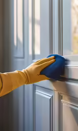 gloved hand in blue and yellow working on white door