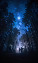 two people standing in a forest with bright stars overhead