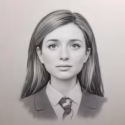 the drawing shows the image of a female in a business suit and tie