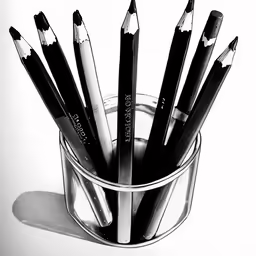four black pens in a silver bucket on the table