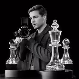 a person taking a photo of several glass chess pieces