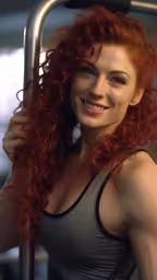 a woman with red hair posing for the camera,a woman with red curly hair standing in front of a pole